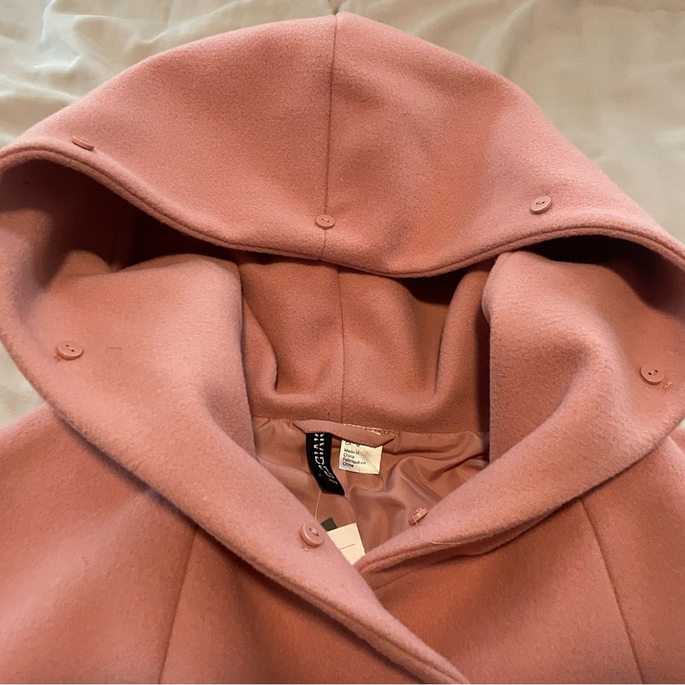 H&M Blush Pink Coat Detachable Imitation Fur on Hood Size M NWT - Picture 4 of 8
